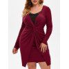 Robe Tordue en Dentelle Insérée Manches Longues Grande Taille à Volants - Rouge foncé 4X
