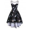 Robe Haute Basse Etoile Lune et Soleil Imprimés en Dentelle Insérée - Noir M