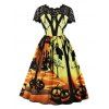 Pumpkin Spider Print Halloween Retro Dress with Lace - multicolor S