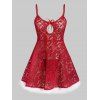 Ensemble de Body en Dentelle Insérée en Fausse Fourrure avec Trou de Serrure - Rouge 1X