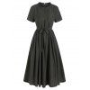 Robe Mi-longue Décontractée Ceinturée Plissée Détaillée avec Poche Poitrine - Taupe M