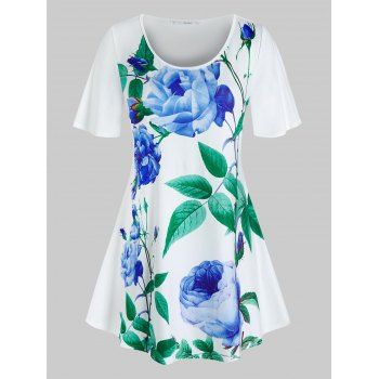 

Plus Size Floral Leaves Print T Shirt, White