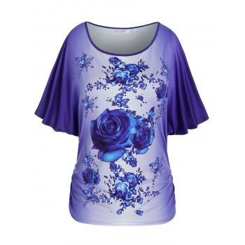 

Plus Size Batwing Sleeve Floral Print Ombre Tee, Blue