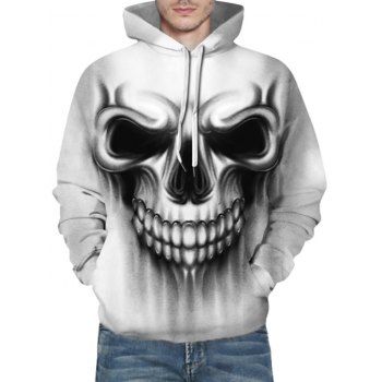 

3D Skull Pattern Front Pocket Drawstring Hoodie, White