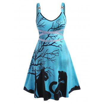 

Rhinestone Sequins Tree Cat Print Halloween Plus Size Dress, Blue