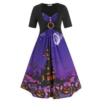 

Plus Size O Ring Halloween Pumpkin Castle Print Dress, Black