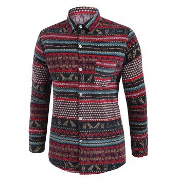 

Ethnic Seamless Striped Pattern Pocket Corduroy Shirt, Red