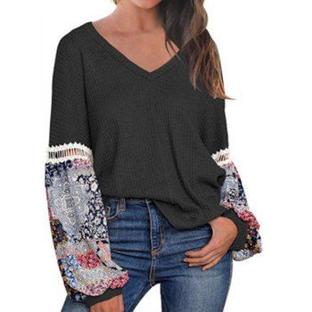 

Lantern Sleeve Ethnic Print Textured Knit Sweater, Black