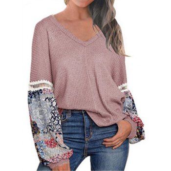 

Lantern Sleeve Ethnic Print Textured Knit Sweater, Light pink