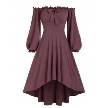 

Off Shoulder Frilled Lantern Sleeve Bowknot High Low Dress, Deep red