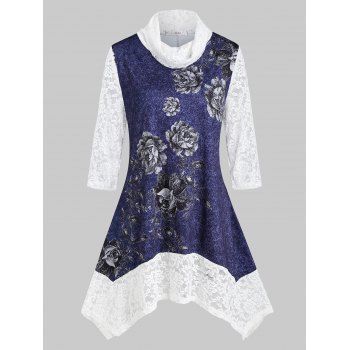 

Plus Size Cowl Neck Contrast Lace Floral Print Handkerchief Tee, Deep blue