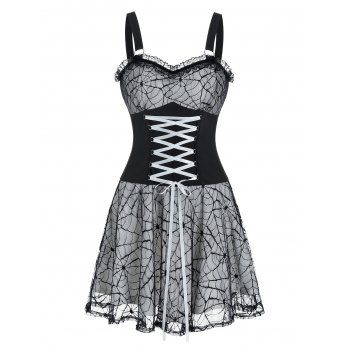 

Halloween Sleeveless Lace-up Spider Web Lace Dress, Black