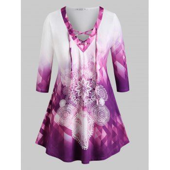 

Plus Size Lace Up Ombre Color Printed Tee, Purple