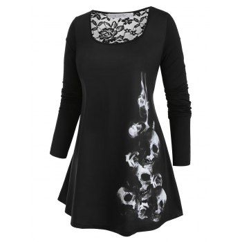 

Plus Size Halloween Lace Insert Skull Print Tee, Black