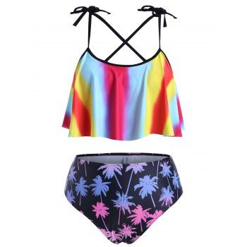 

Rainbow Stripes Palm Tree Tie Shoulder Plus Size Tankini Swimwear, Multicolor