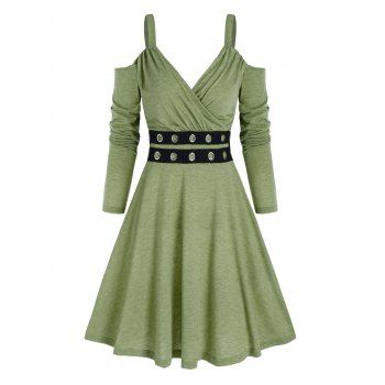 

Open Shoulder Grommet High Waist Mini Dress, Light green