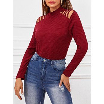 

Ladder Cutout Ribbed Mock Neck Slim Sweater, Deep red