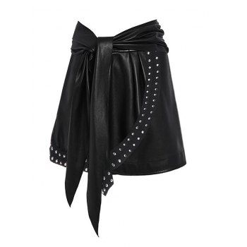 

Rivet Detail Self Tie Asymmetric Faux Leather Skirt, Black