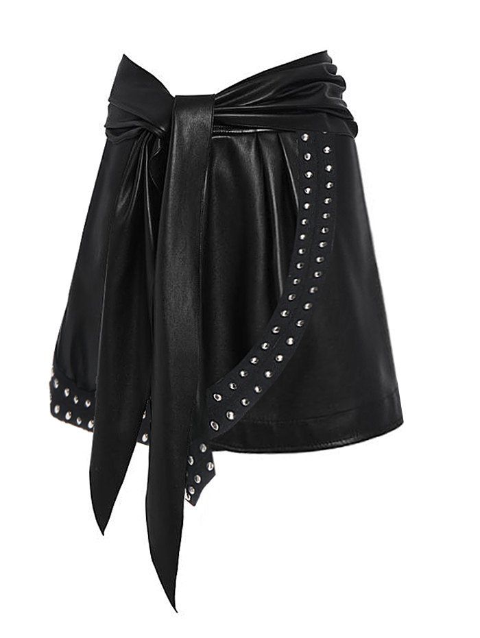 Rivet Detail Self Tie Asymmetric Faux Leather Skirt - BLACK XL