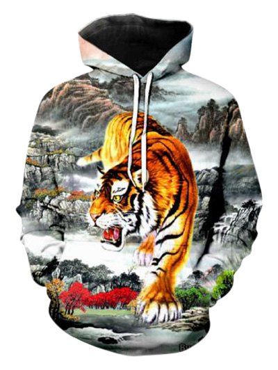 Casual Tiger Landscape Pattern Front Pocket Hoodie - multicolor M