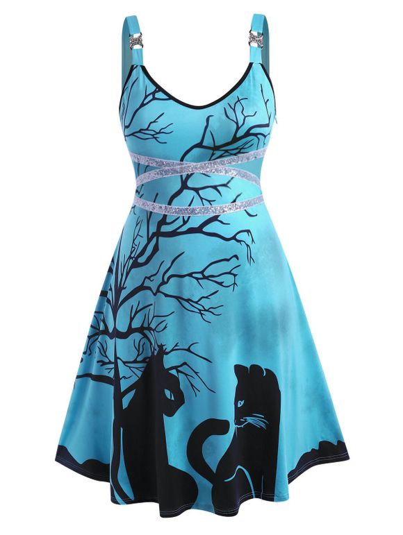 Robe d'Halloween à Imprimé Chat et Arbre Grande Taille avec Strass à Paillettes - Bleu 4X