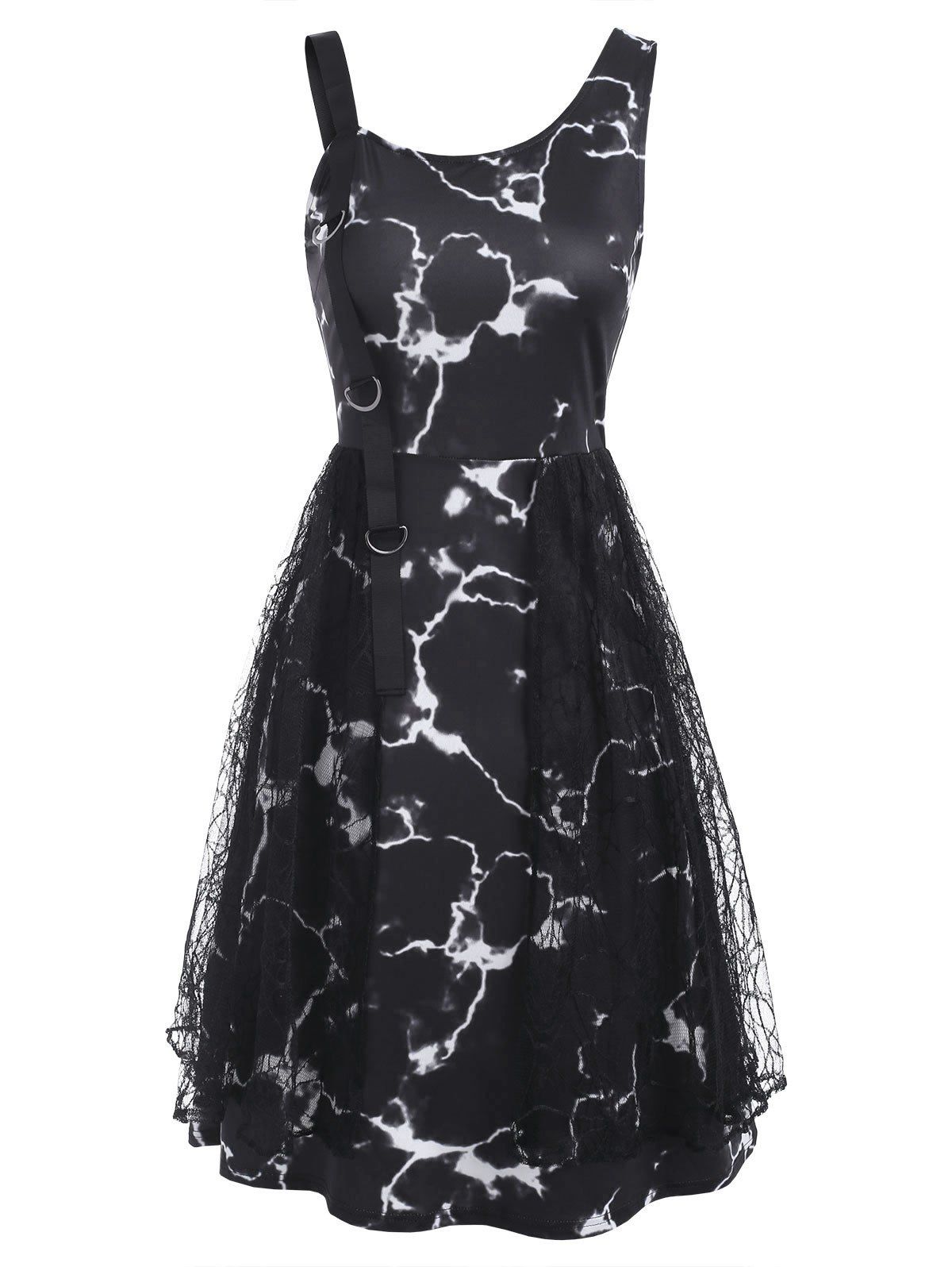 Marble Print D-ring Lace Panel Asymmetric Neck Dress - BLACK 2XL