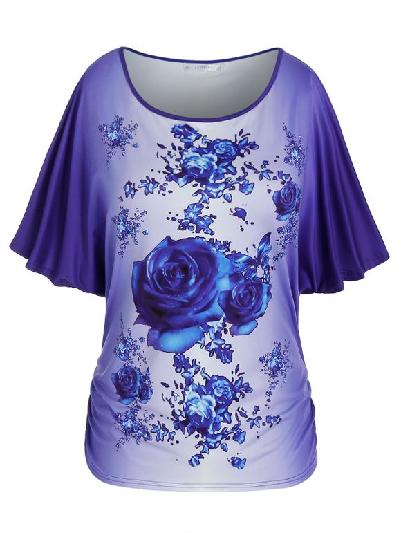 T-shirt Fleuri Imprimé de Grande Taille à Manches Chauve-Souris - Bleu 5X