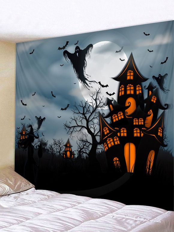 Halloween Night Ghost Bat Pattern Wall Hanging Tapestry - multicolor W91 X L71 INCH