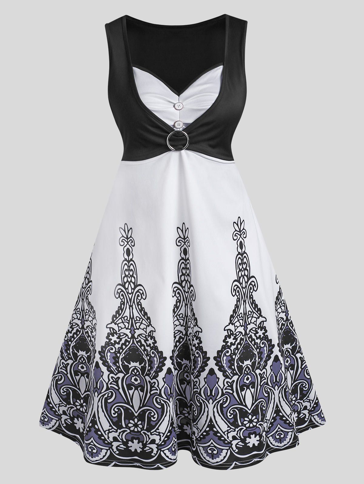 O Ring Ruched Printed Sleeveless Dress - BLACK L