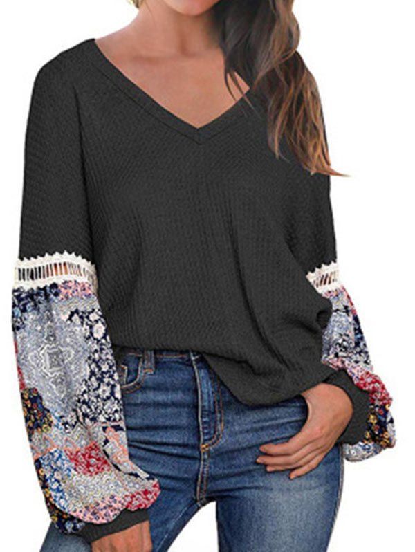 Lantern Sleeve Ethnic Print Textured Knit Sweater - BLACK L