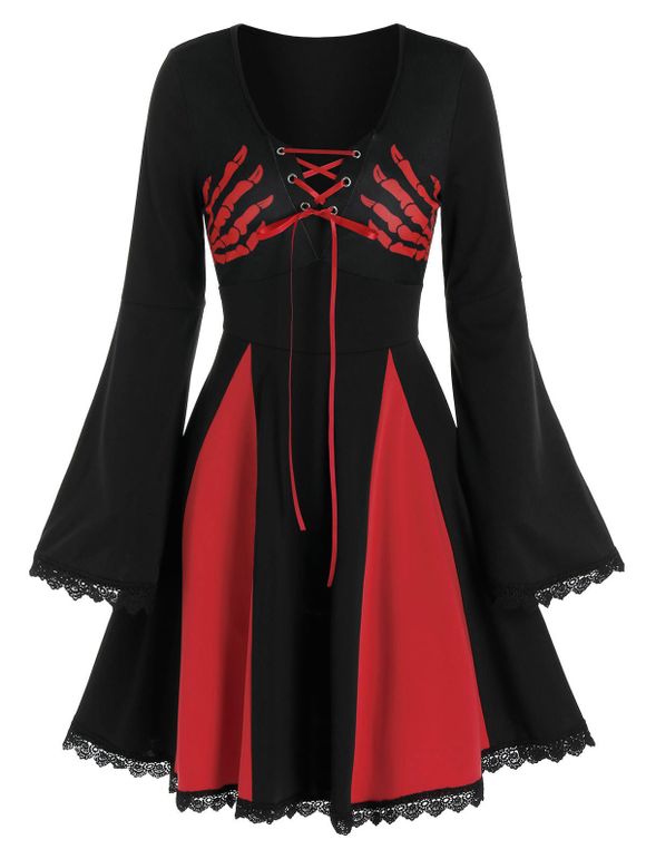 Robe d'Halloween Main Squelette Imprimée Contrastée avec Lacets - Noir 3XL
