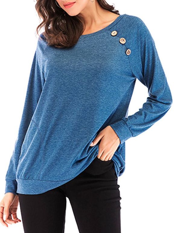 Sweat-shirt Embelli de Bouton à Manches Raglan avec Poche - Bleu L