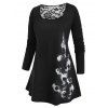 T-shirt Imprimé Crâne d'Halloween en Dentelle Insérée Grande Taille - Noir 1X