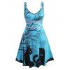 Robe d'Halloween à Imprimé Chat et Arbre Grande Taille avec Strass à Paillettes - Bleu 5X