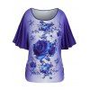 T-shirt Fleuri Imprimé de Grande Taille à Manches Chauve-Souris - Bleu 1X