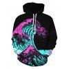 Colorful Great Wave Pattern Front Pocket Casual Hoodie - BLACK 3XL
