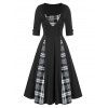 Plaid Print Mock Button Vintage Twofer Dress - BLACK XL