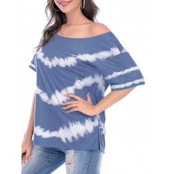 

Side Slit Skew Neck Tie Dye Pocket Tee, Blue
