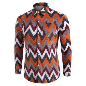 

Button Up Zigzag Pattern Corduroy Shirt, Tiger orange