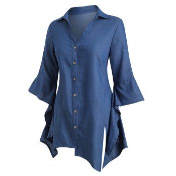 

Plus Size Asymmetric Bell Sleeve Chambray Top, Blue