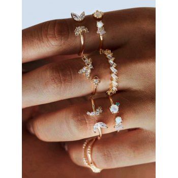 

7Pcs Floral Butterfly Rhinestone Ring Set, Golden