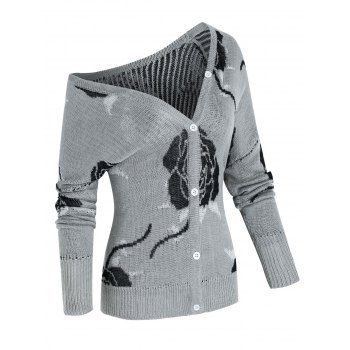 

Plus Size Rose Jacquard Skew Neck Cardigan, Light gray