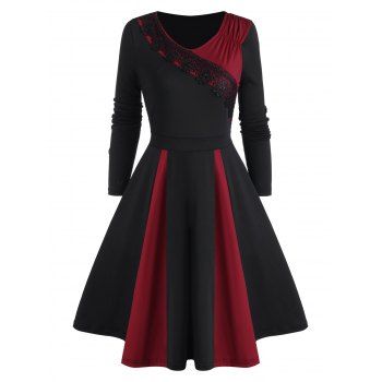 

Ruched Lace Applique Godet Dress, Black