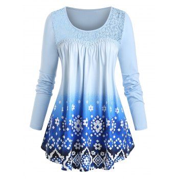 

Plus Size Lace Insert Ombre Color Floral Print T Shirt, Light blue
