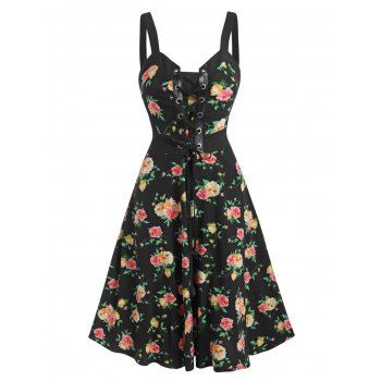 

Corset Style Lace Up Floral Print Cami A Line Dress, Black