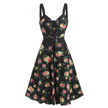 

Lace Up Floral Print Cami A Line Dress, Black