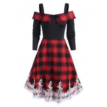 

Tartan Print Open Shoulder Eyelash Lace Mid Calf Dress, Red