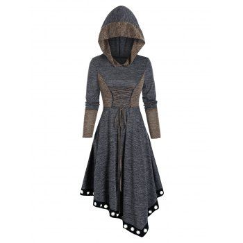 

Two Tone Grommet Trim Asymmetrical Hooded Dress, Dark slate grey