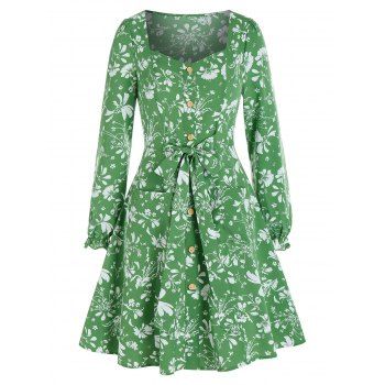 

Ditsy Floral Pockets Mock Button Mini A Line Dress, Light green