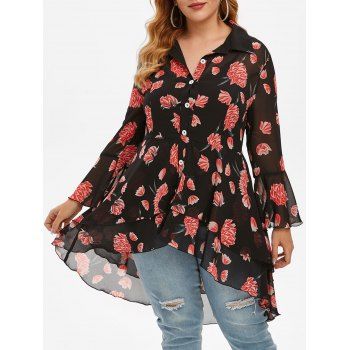 

Plus Size Floral Print High Low Flounce Blouse and Tank Top Set, Black